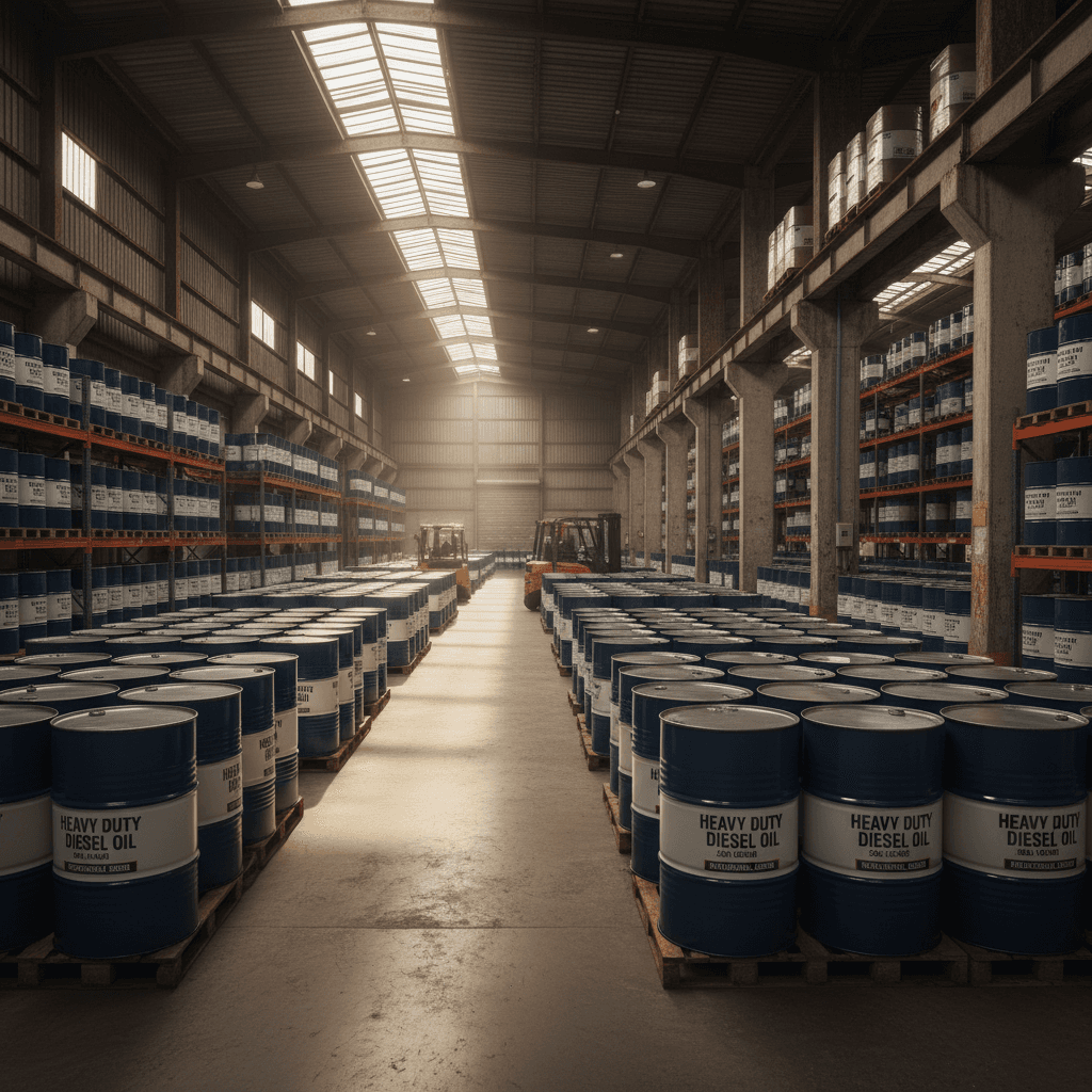 Heavy-duty diesel engine oil drums ready for distribution