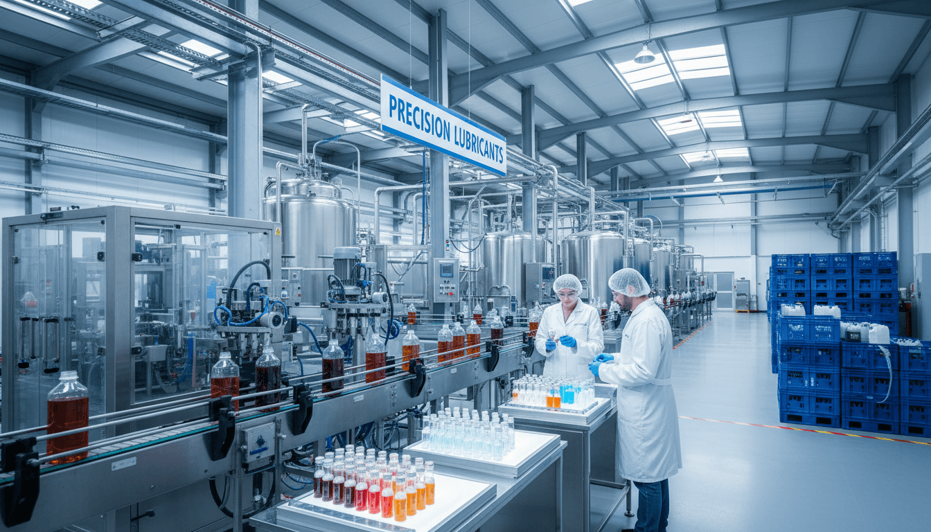 Professional lubricant production facility with bottling and quality control equipment