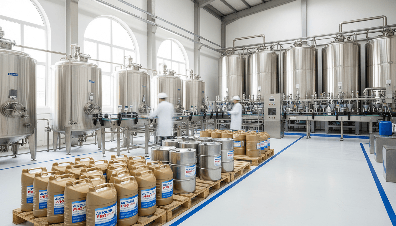 Purity Lubricants production facility in Mafraq, Jordan showing modern manufacturing equipment and filled lubricant containers