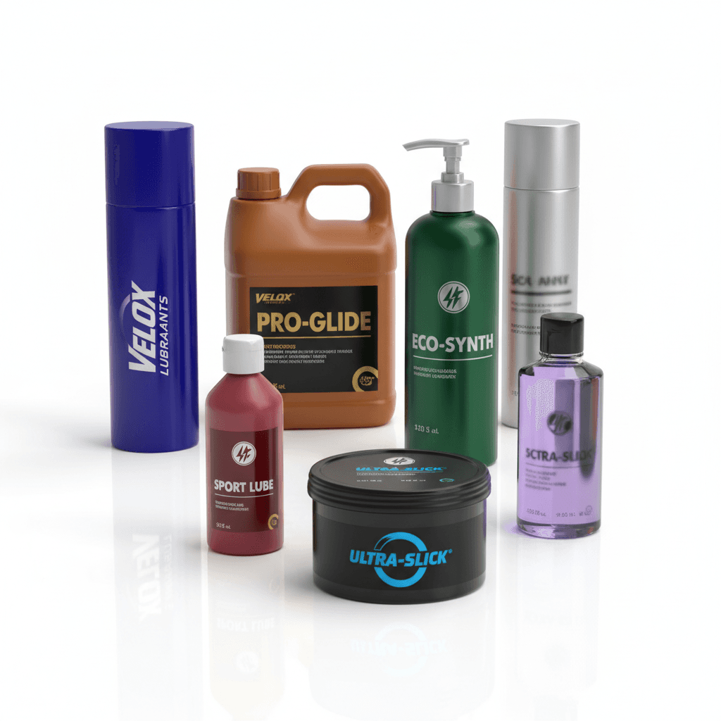 Branded lubricant products displayed in professional lineup