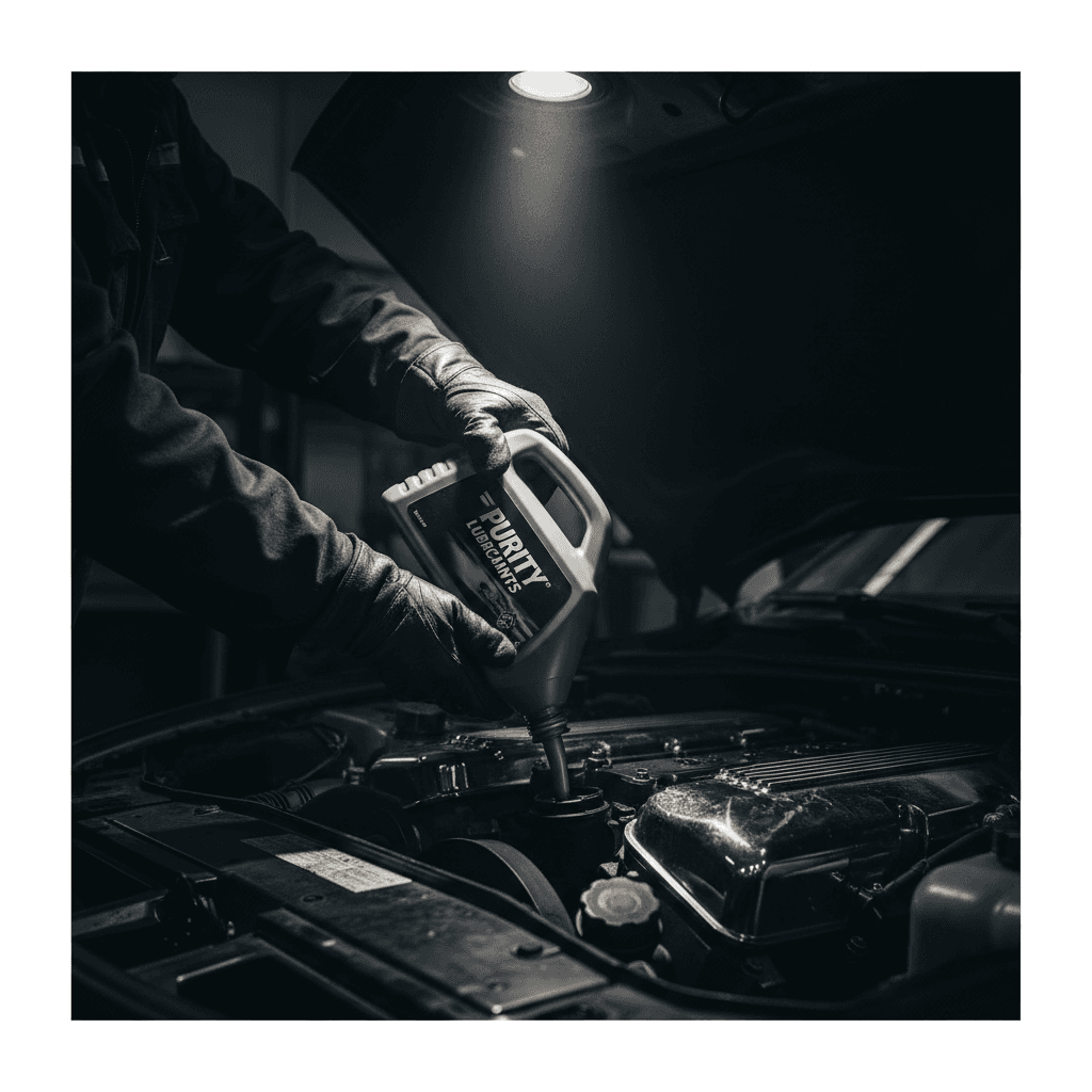 Professional mechanic using Purity Lubricants motor oil during vehicle maintenance at a workshop