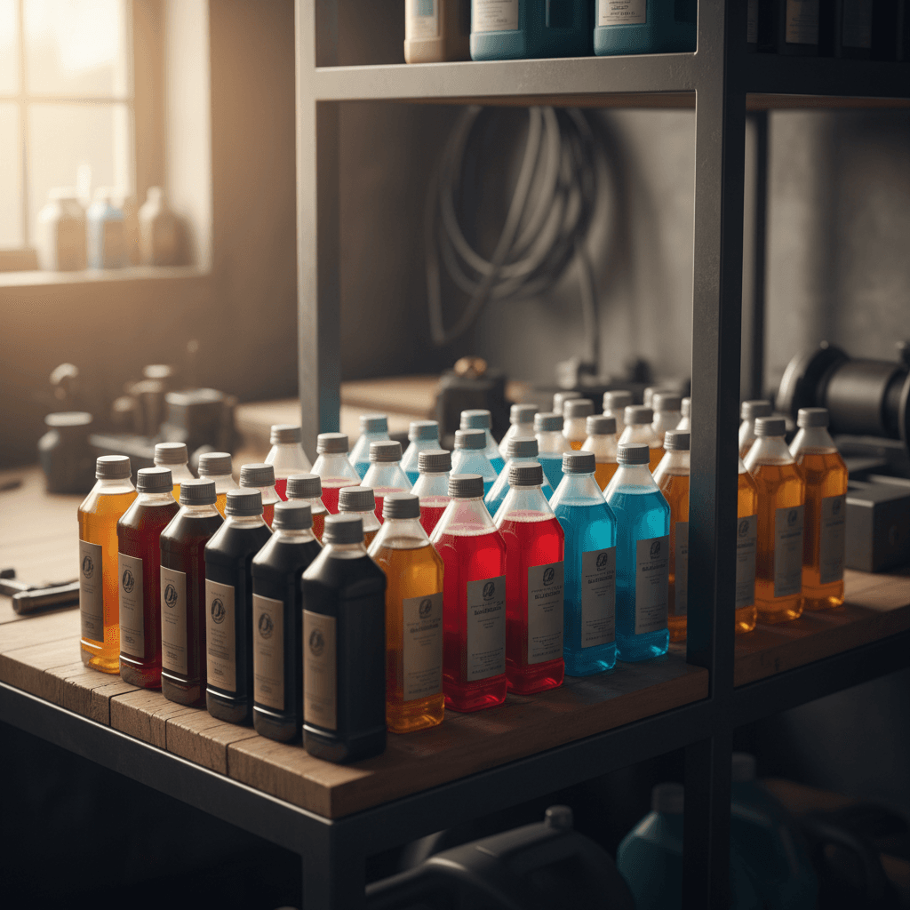 Organized display of Purity Lubricants product bottles in amber, red, and blue formulations
