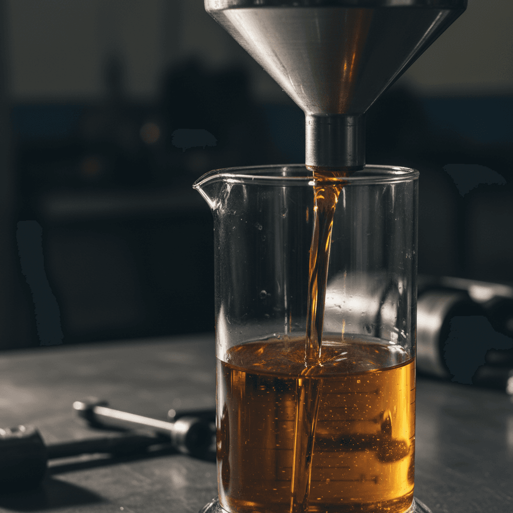 Premium motor oil being poured and tested for clarity and viscosity