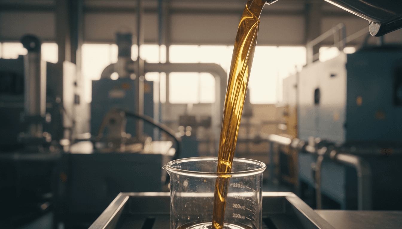 High-quality motor oil being poured, showcasing Purity Lubricants product clarity